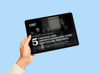 Hand holding a tablet displaying the cover of a report titled '5 Findings and Opportunities for Every Healthcare Provider' with a focus on patient-centric data collection.